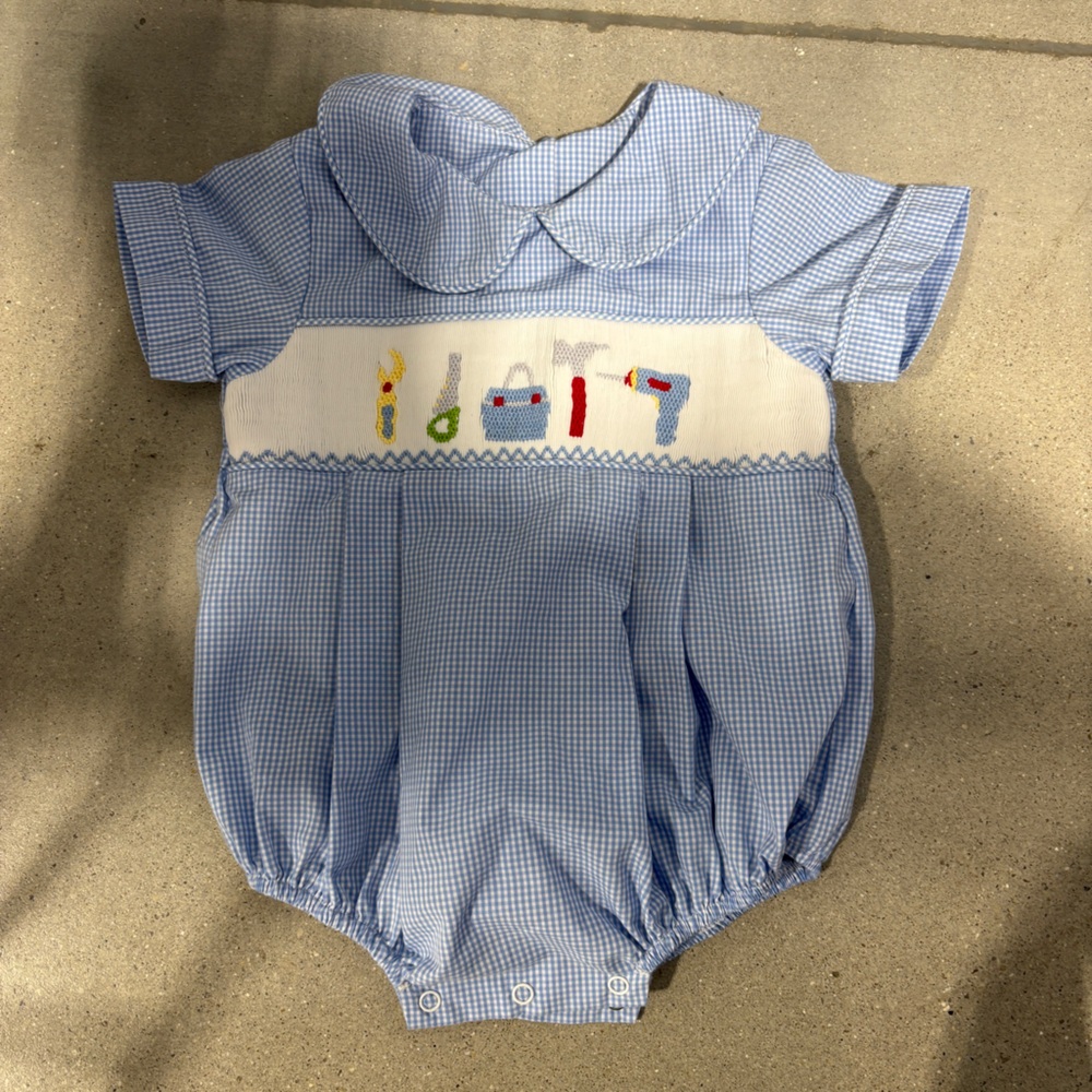 Blue Gingham Kids Bubble with Tools Embroidered Design